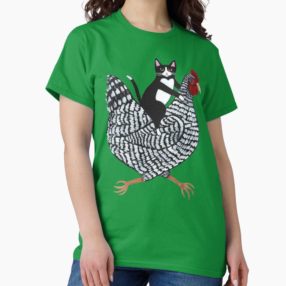 Tuxedo Cat Chicken Ride Classic T-Shirt - White Fox Boutique