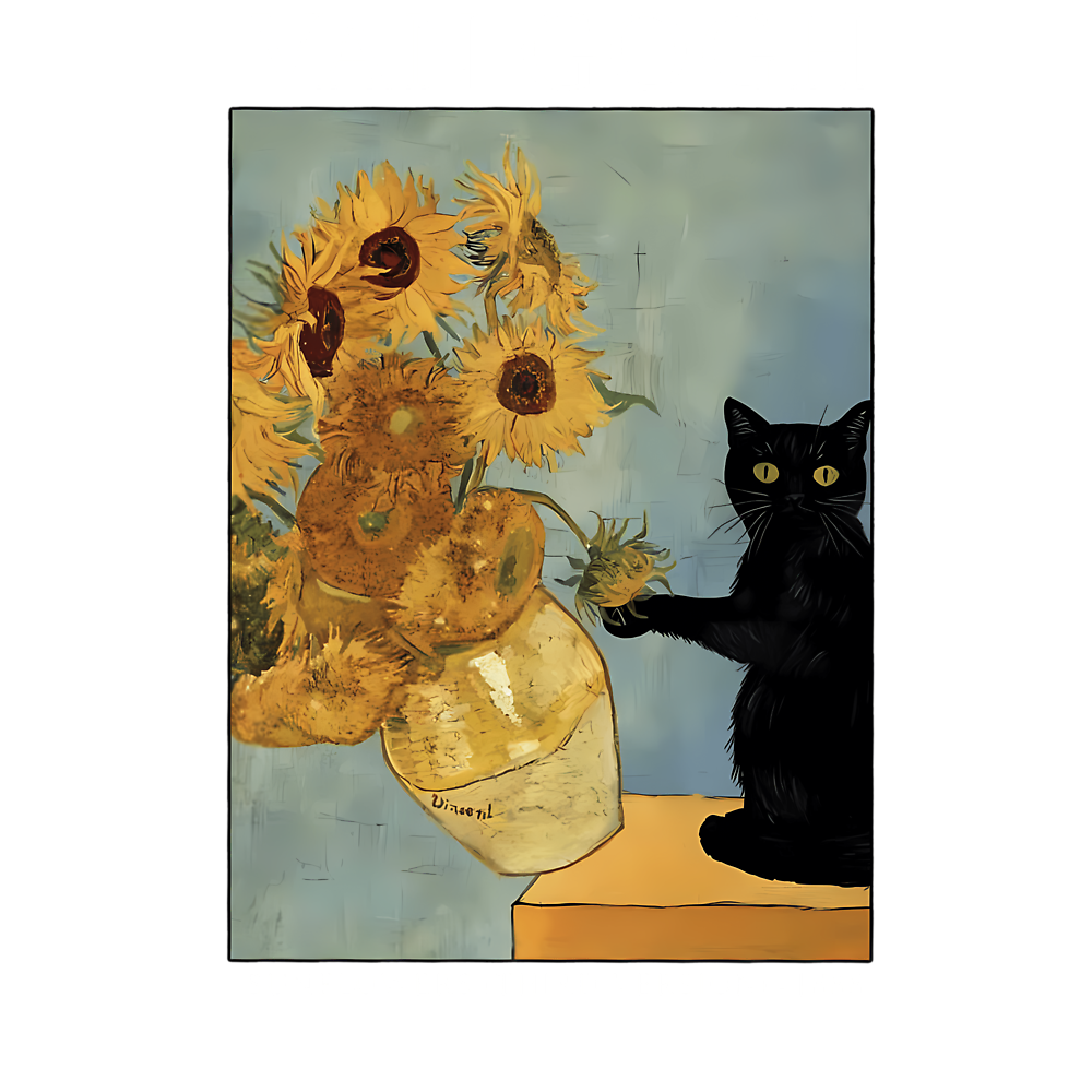 Van Gogh Black Cat With Sunflowers Funny Cat Classic T-Shirt - White Fox Boutique