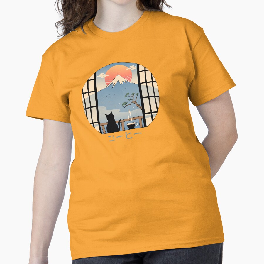 Coffee Cat in Mt. Fuji Classic T-Shirt - White Fox Boutique