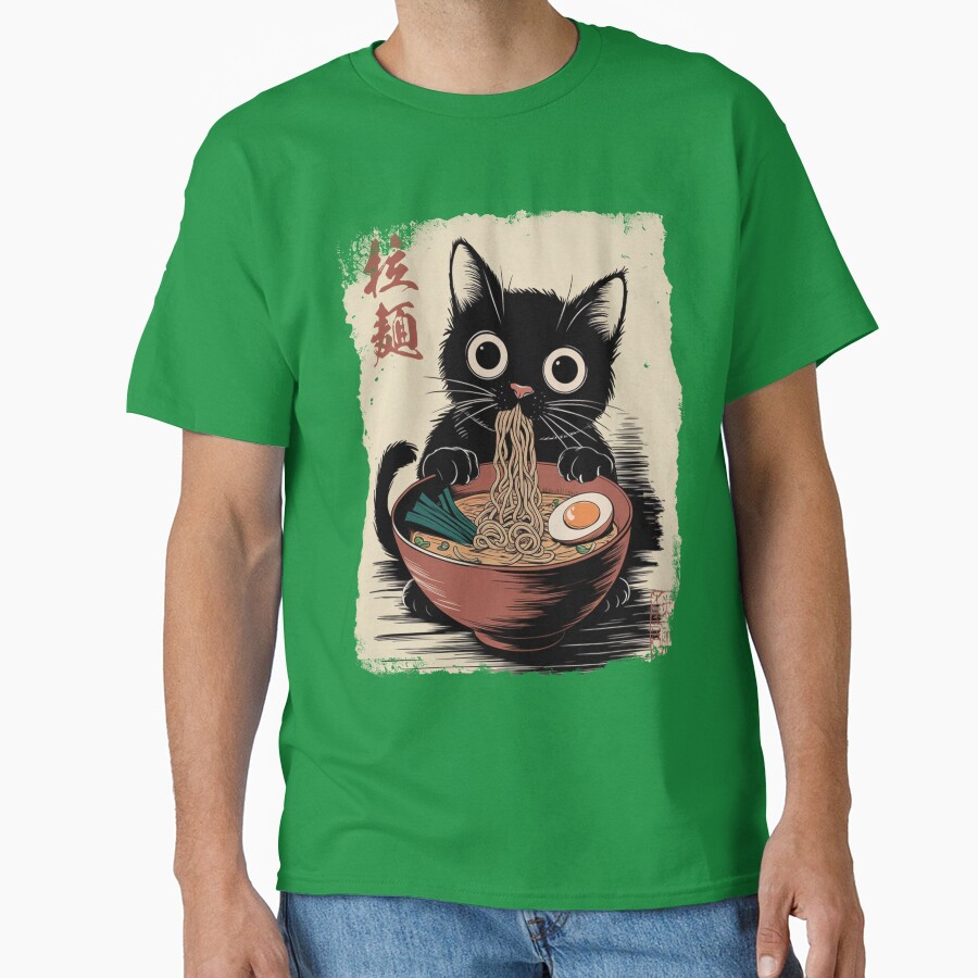 Ramen Cat - Black Cat Eating Ramen - Japanese Noodles - Cute Anime Style Art Classic T-Shirt - White Fox Boutique