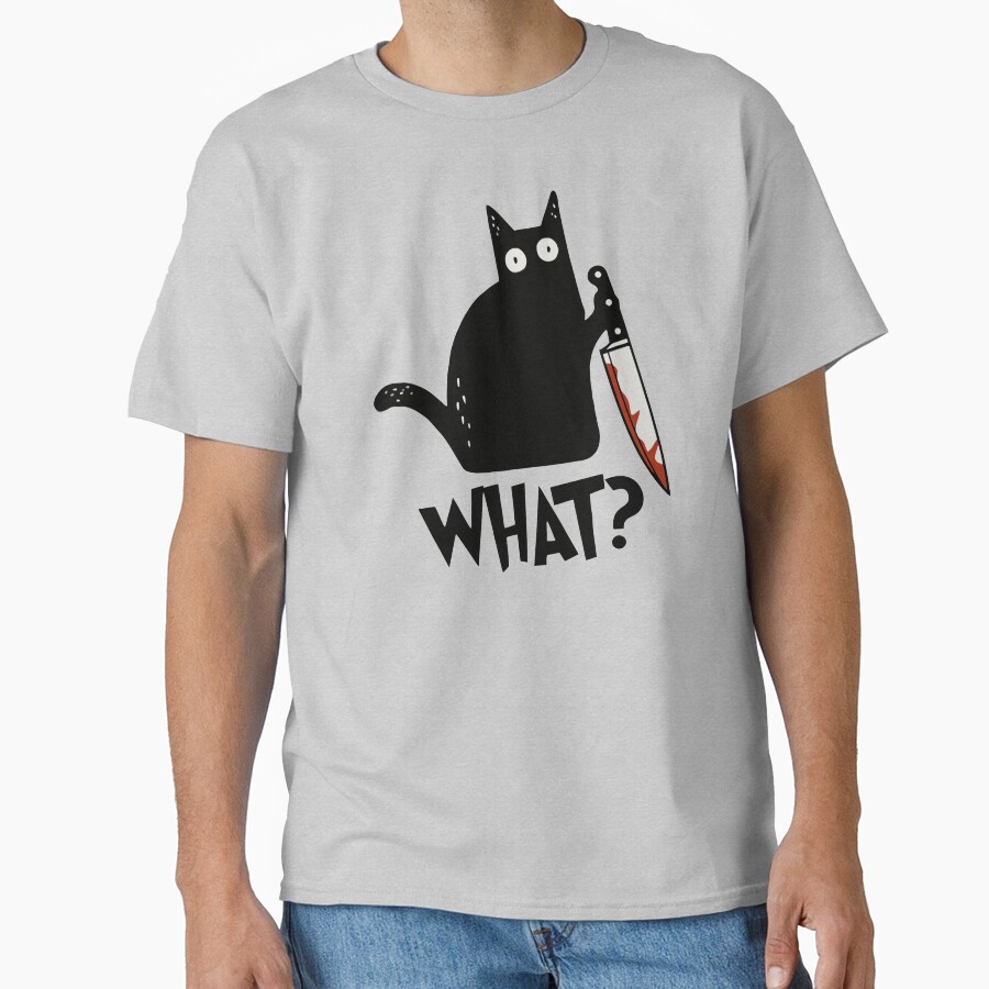 Cat What? Murderous Black Cat With Knife Gift Premium T-Shirt Classic T-Shirt - White Fox Boutique