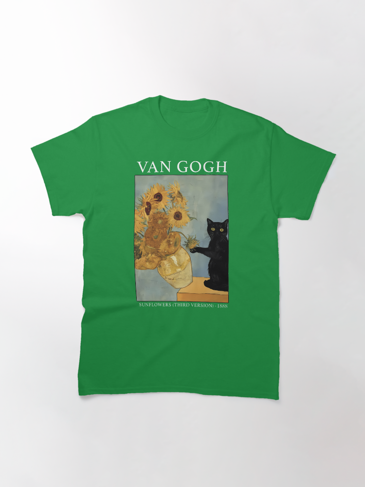 Van Gogh Black Cat With Sunflowers Funny Cat Classic T-Shirt - White Fox Boutique