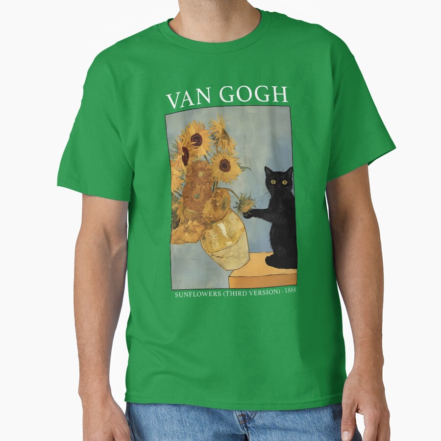 Van Gogh Black Cat With Sunflowers Funny Cat Classic T-Shirt - White Fox Boutique