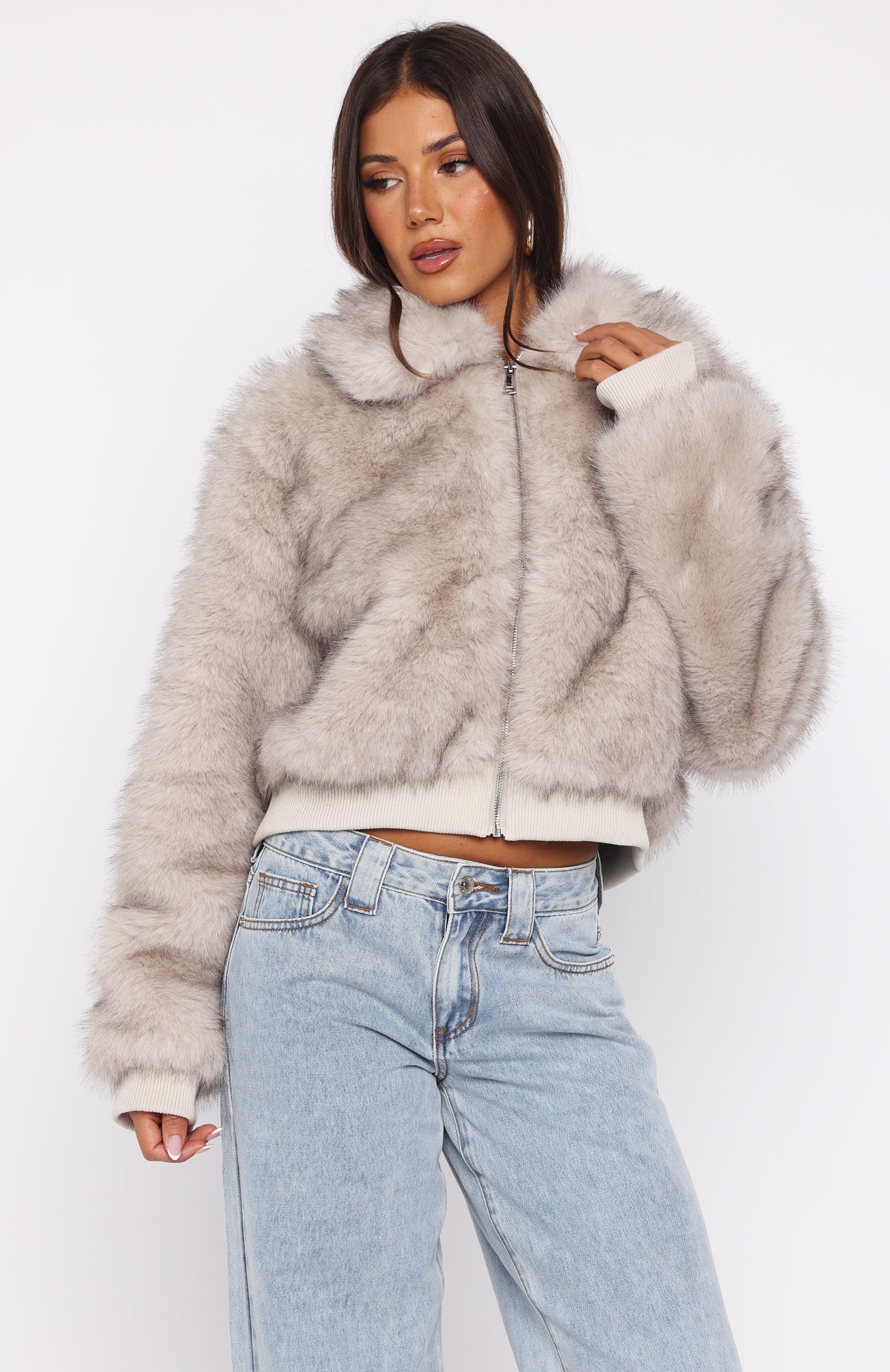 Glacial Chic Fur Bomber Jacket Smokey Taupe - White Fox Boutique