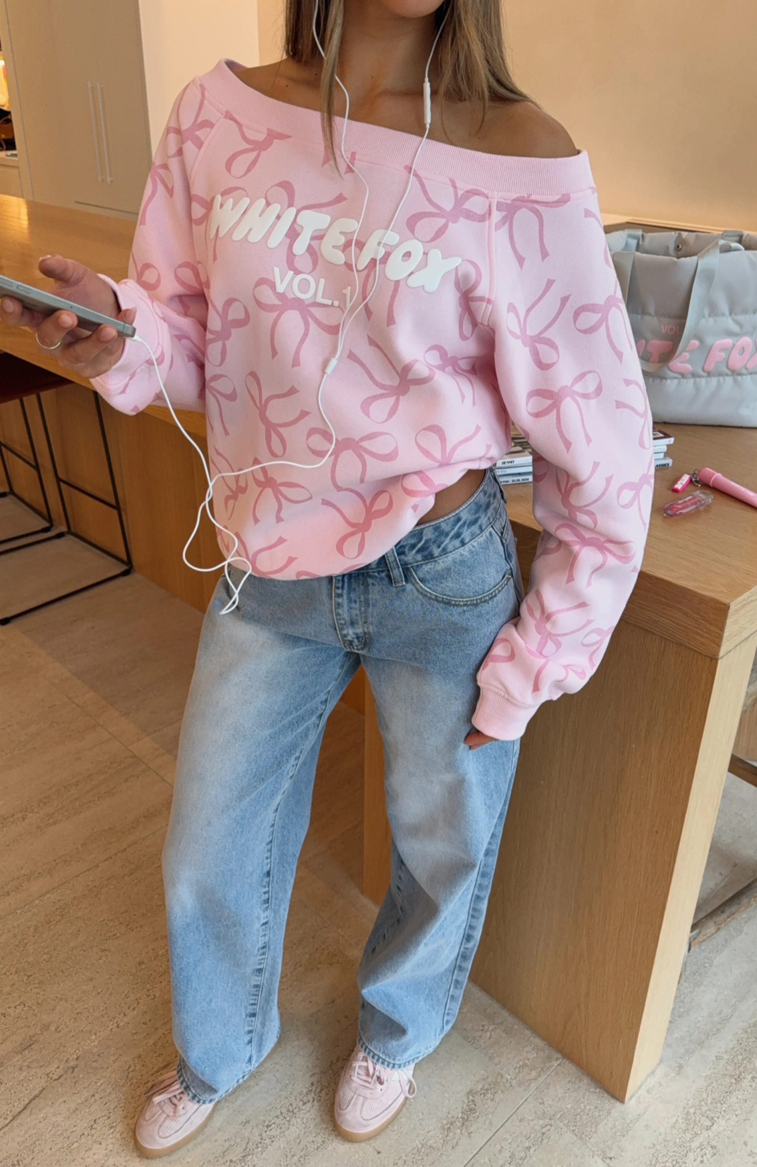 Vol. 1 Off Shoulder Printed Sweater Posy Bow - White Fox Boutique