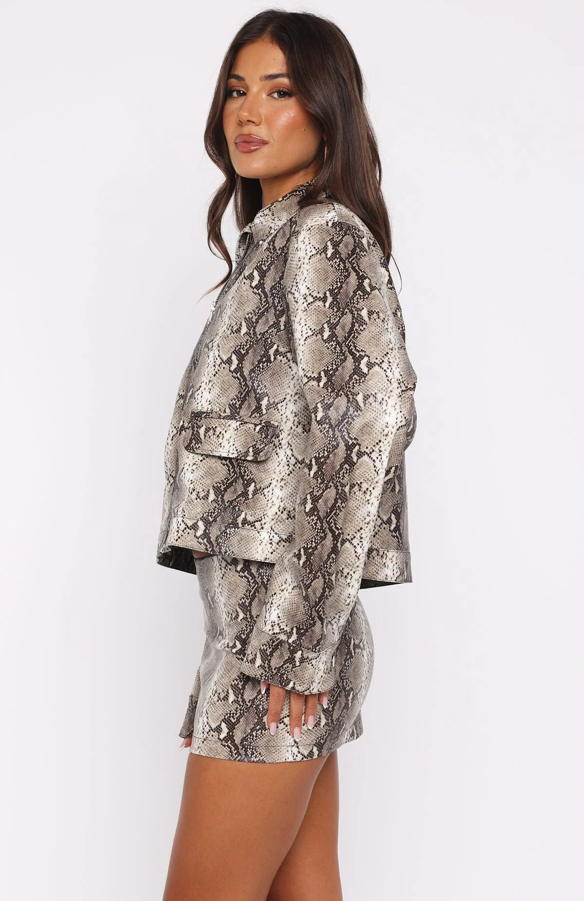 Beautiful Escape Pu Jacket Tan Snake - White Fox Boutique