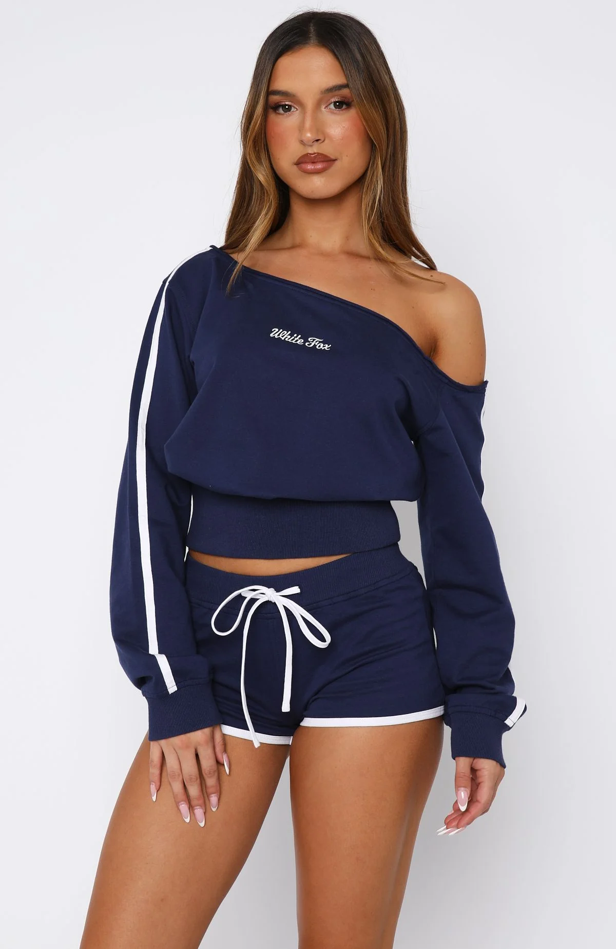 High Roller Off Shoulder Long Sleeve Sweater Navy - White Fox Boutique