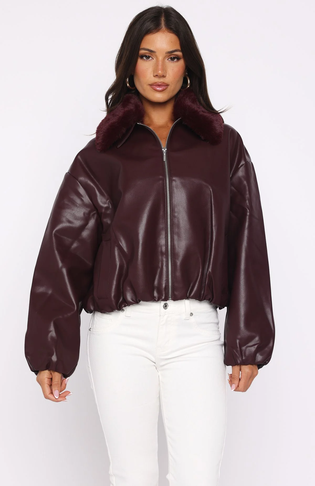 No Competition Pu Bomber Jacket Burgundy - White Fox Boutique