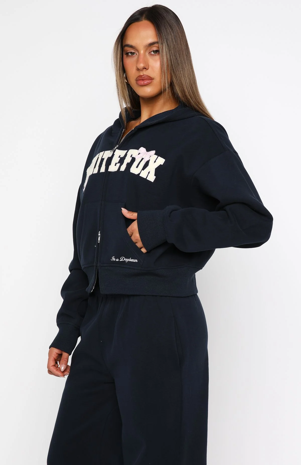 Daydreamers Madeline Boxy Zip Front Hoodie Navy - White Fox Boutique