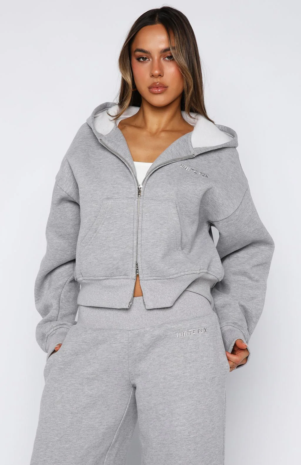 Come A Long Way Boxy Zip Front Hoodie Grey Marle - White Fox Boutique