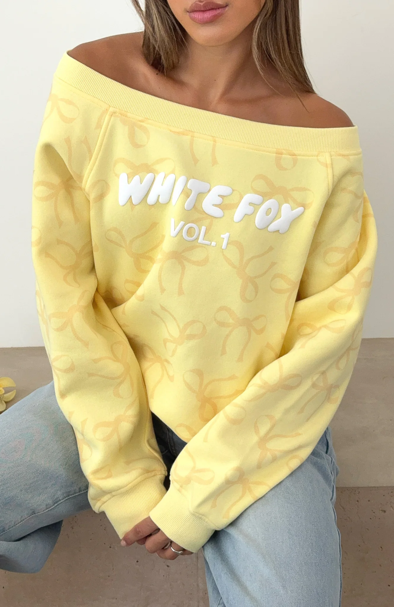 Vol. 1 Off Shoulder Printed Sweater Lemon Bow - White Fox Boutique