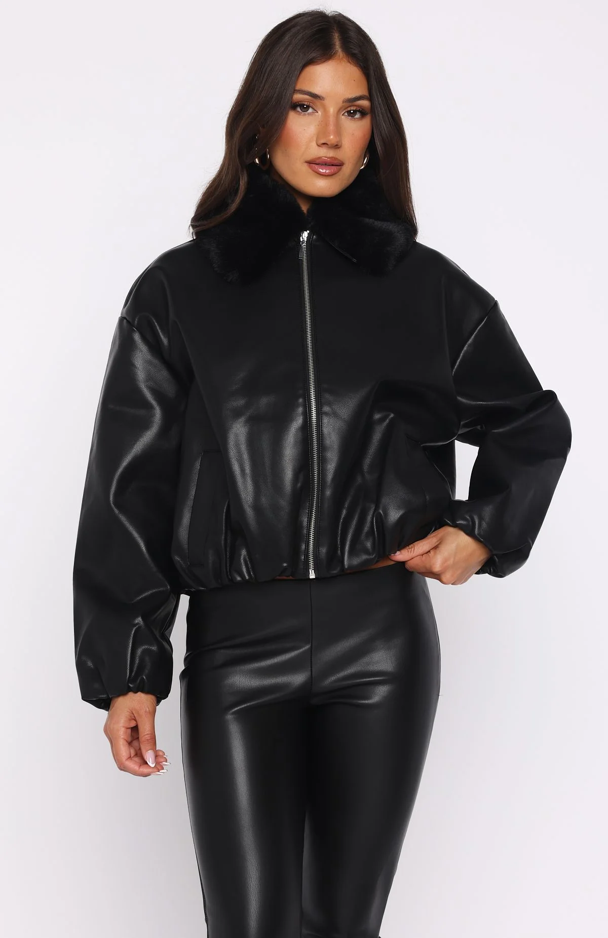 No Competition Pu Bomber Jacket Black - White Fox Boutique