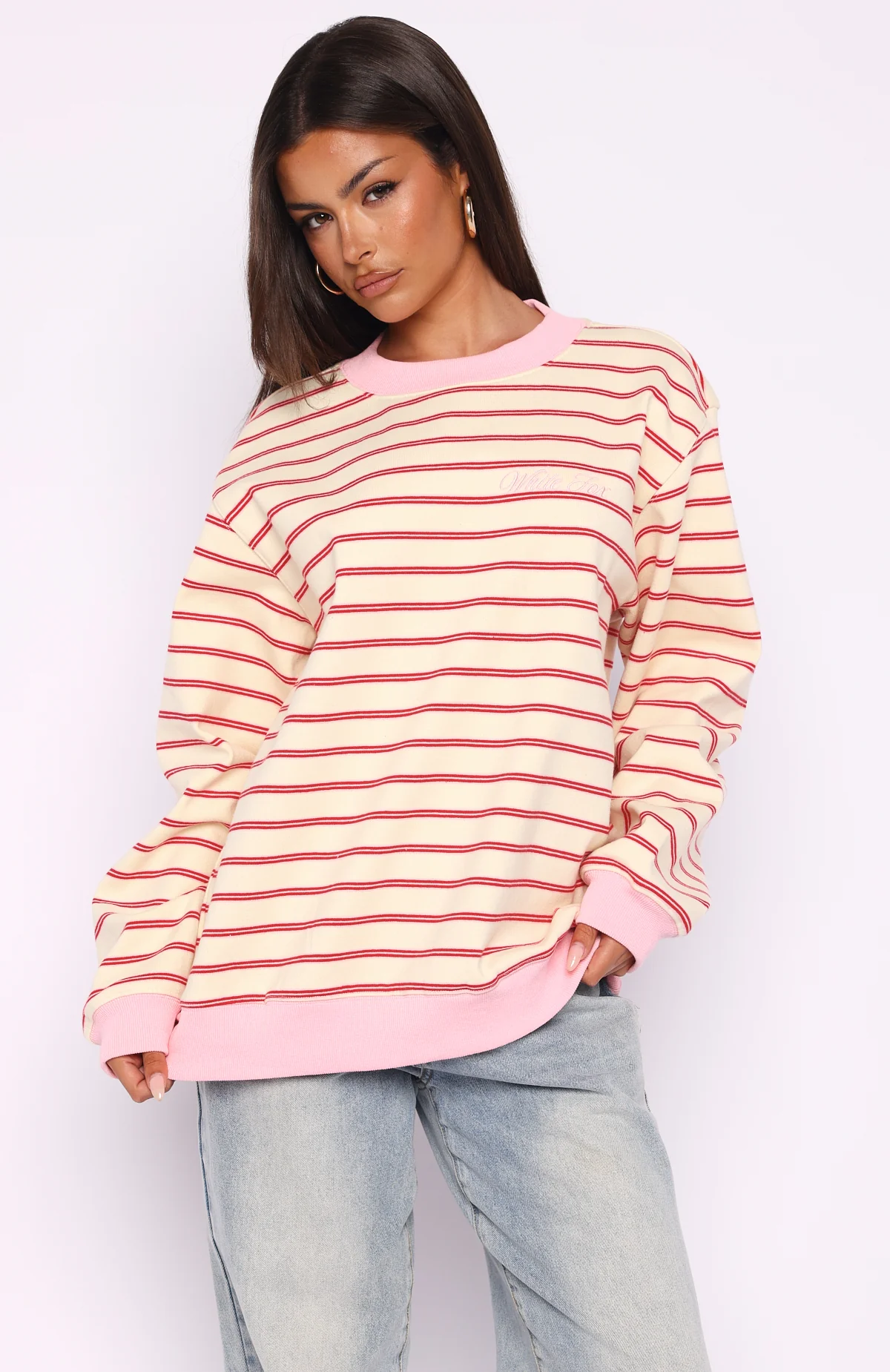 Happy Go Lucky Oversized Sweater Cream/Red Stripe - White Fox Boutique