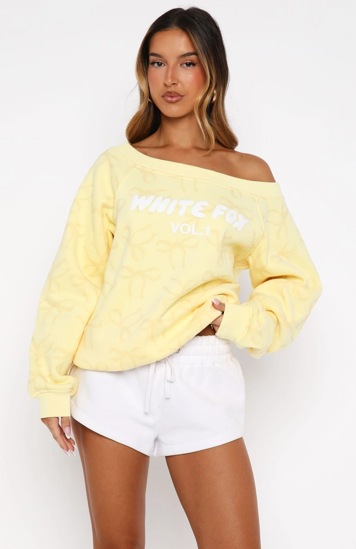 Vol. 1 Off Shoulder Printed Sweater Lemon Bow - White Fox Boutique