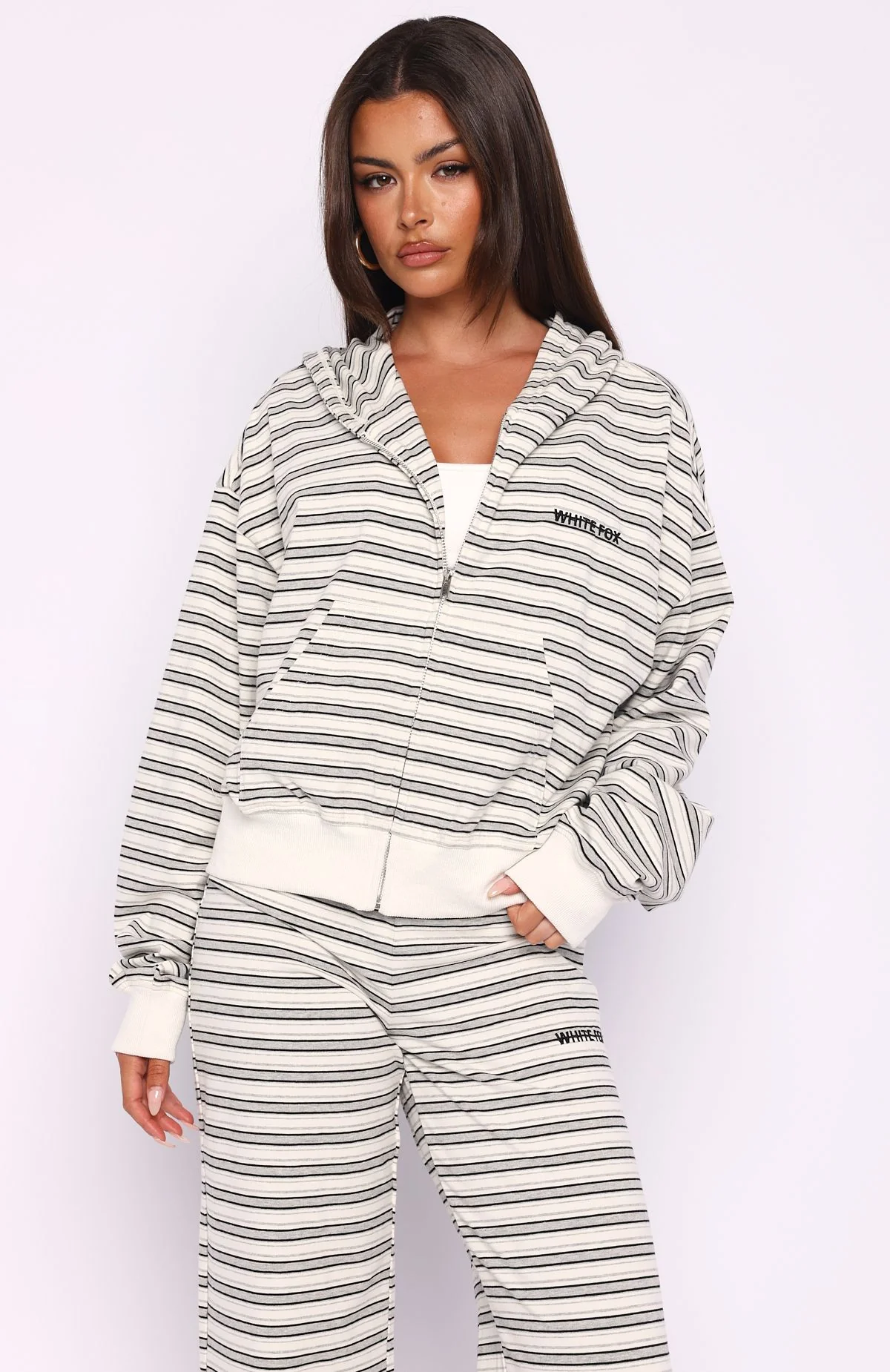 Looking Back Boxy Zip Front Hoodie White Stripe - White Fox Boutique