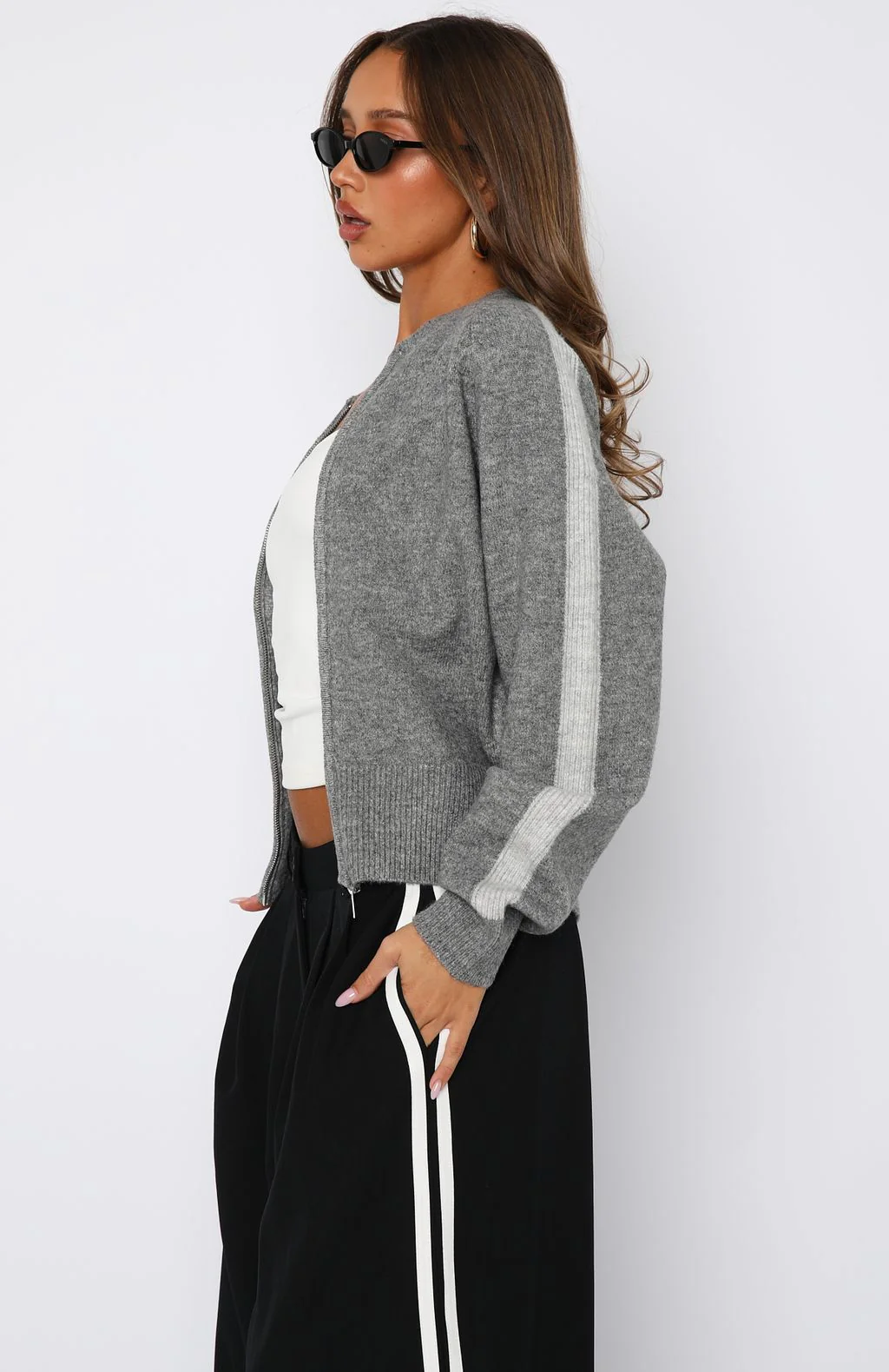 Stripe Me Down Knit Jacket Charcoal/Grey - White Fox Boutique