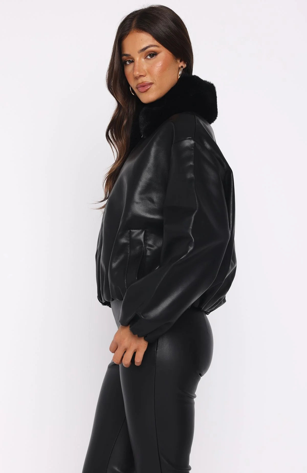No Competition Pu Bomber Jacket Black - White Fox Boutique