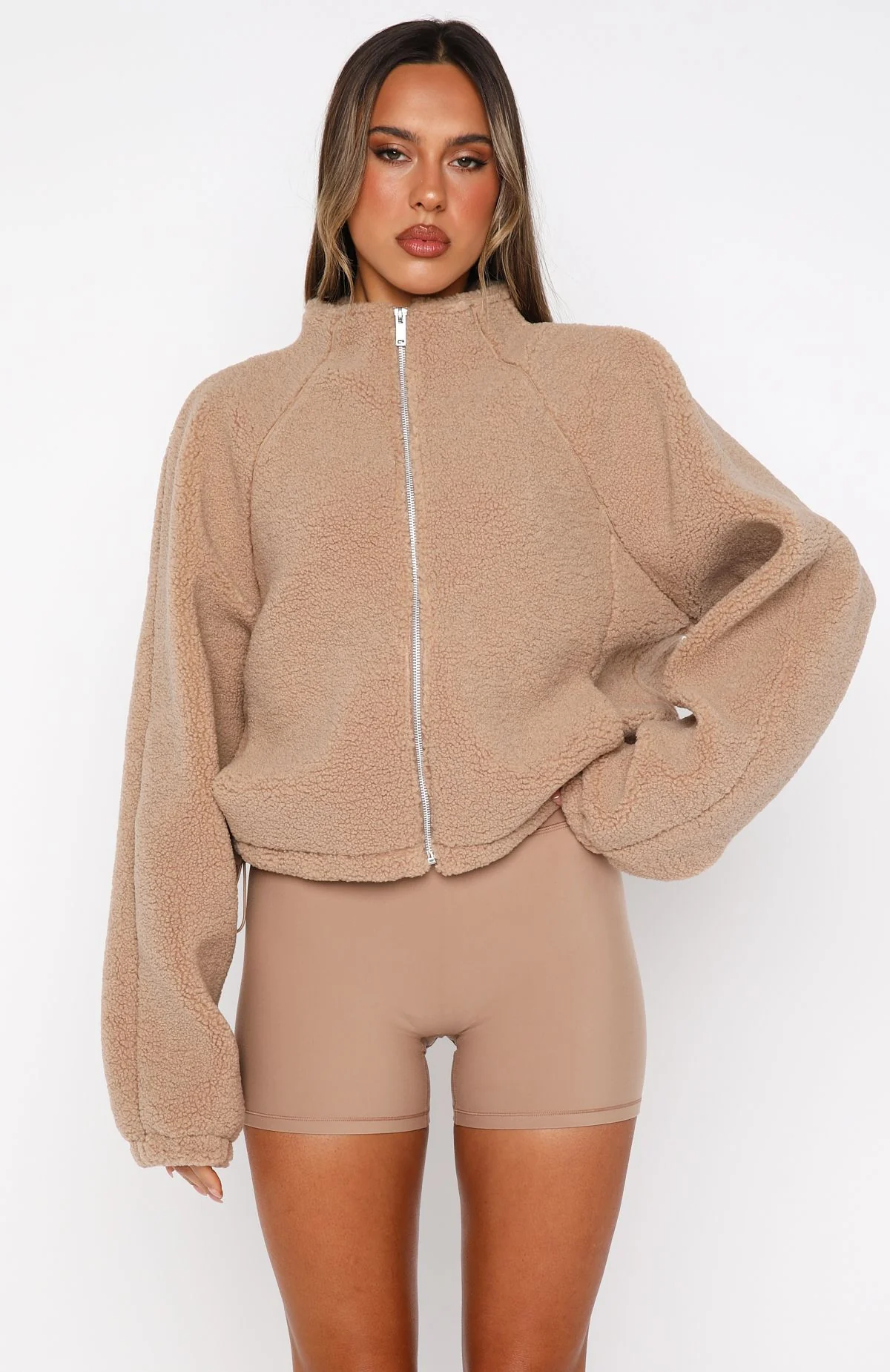 Up The Hill Teddy Zip Up Jacket Caramel - White Fox Boutique