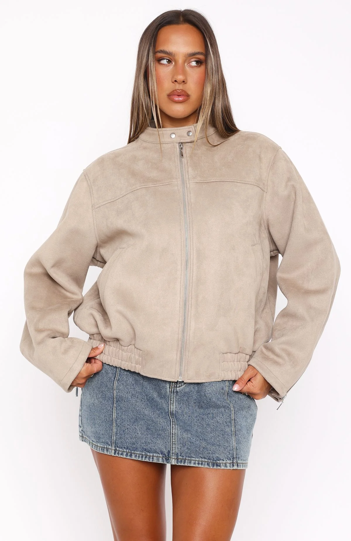 Watchin' Out Faux Suede Bomber Jacket Sand - White Fox Boutique