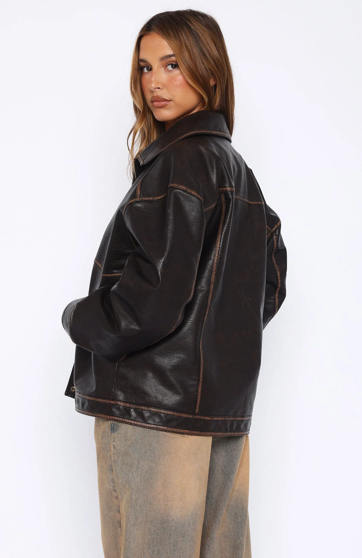A London Girl PU Jacket Washed Chocolate - White Fox Boutique