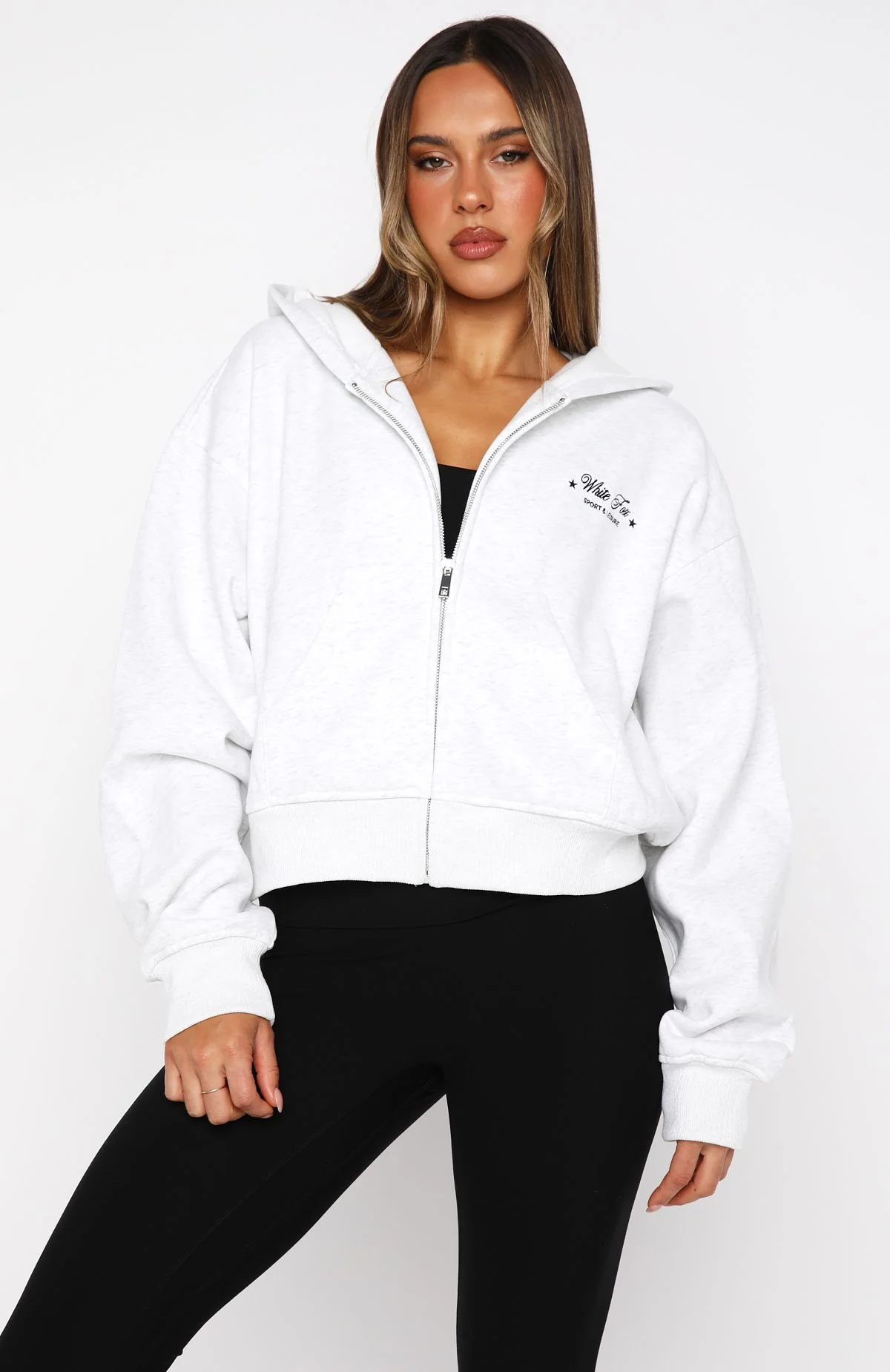 Just Try Again Boxy Zip Front Hoodie Grey Marle - White Fox Boutique
