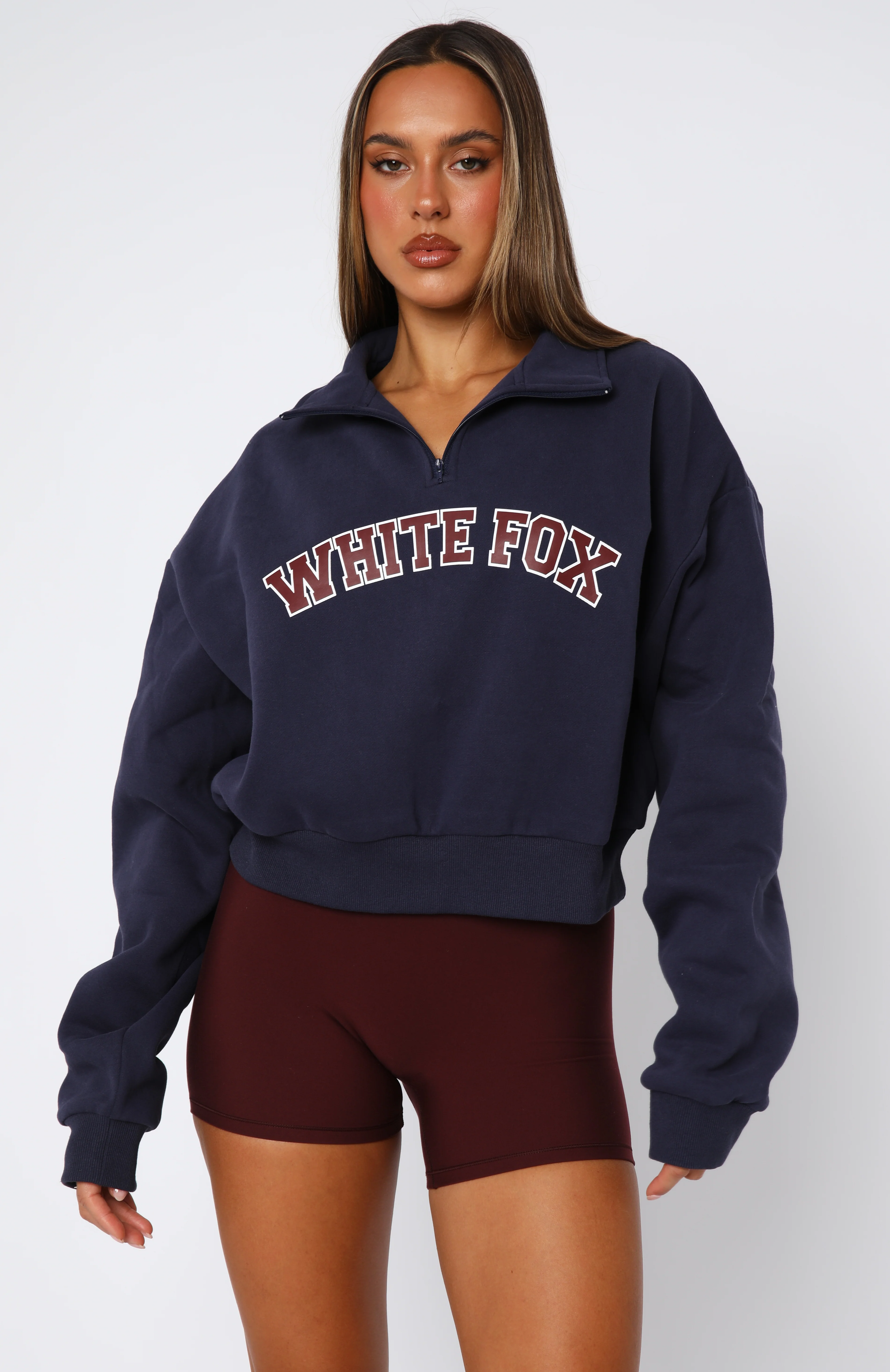 Let The Bells Ring Cropped Quarter Zip Sweater Navy - White Fox Boutique