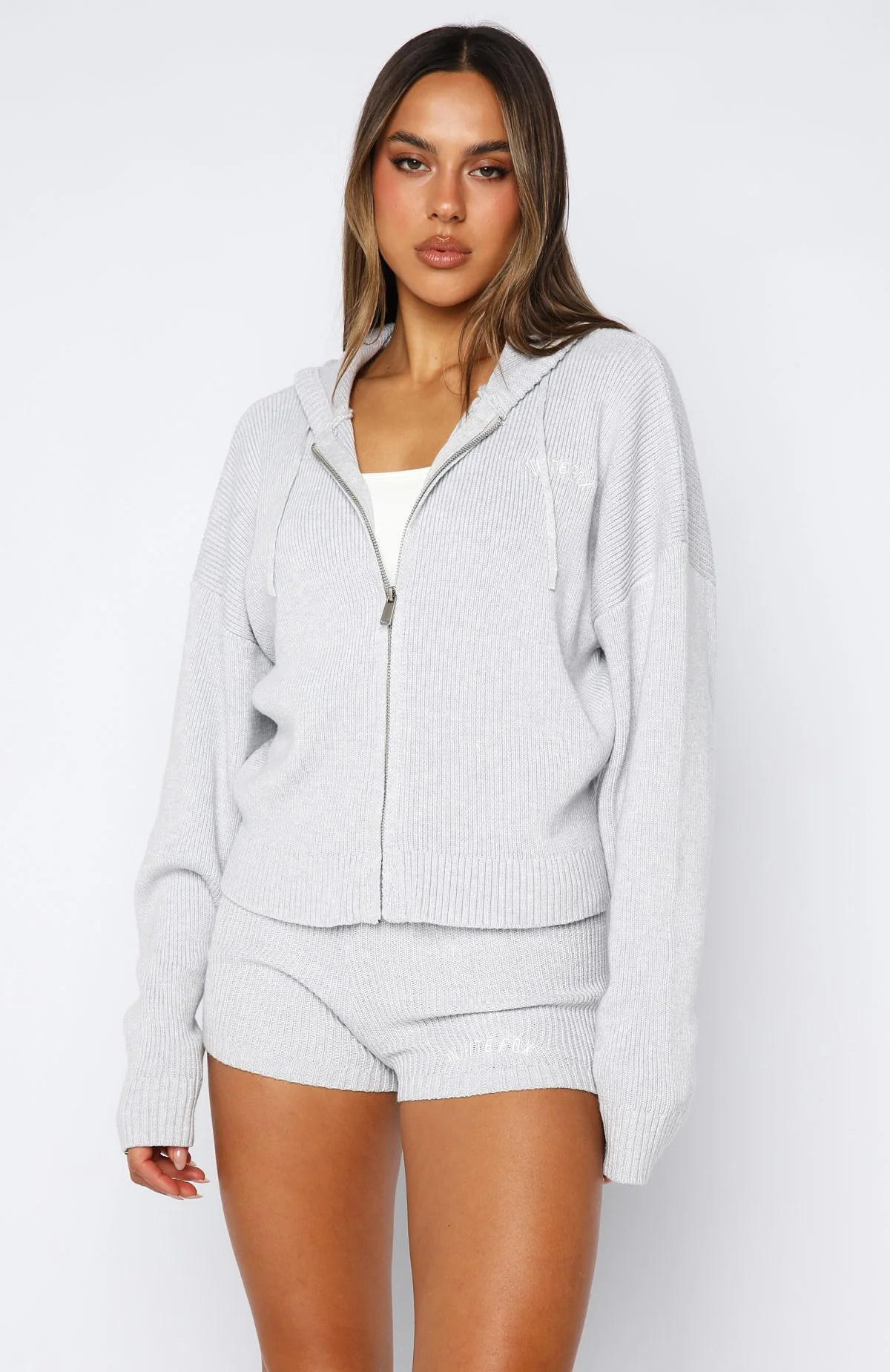 Floating By Knit Zip Front Hoodie Grey Marle - White Fox Boutique