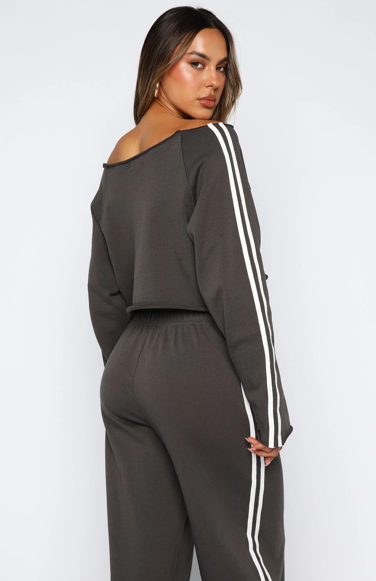 Star Student Cropped Off Shoulder Sweater Charcoal - White Fox Boutique