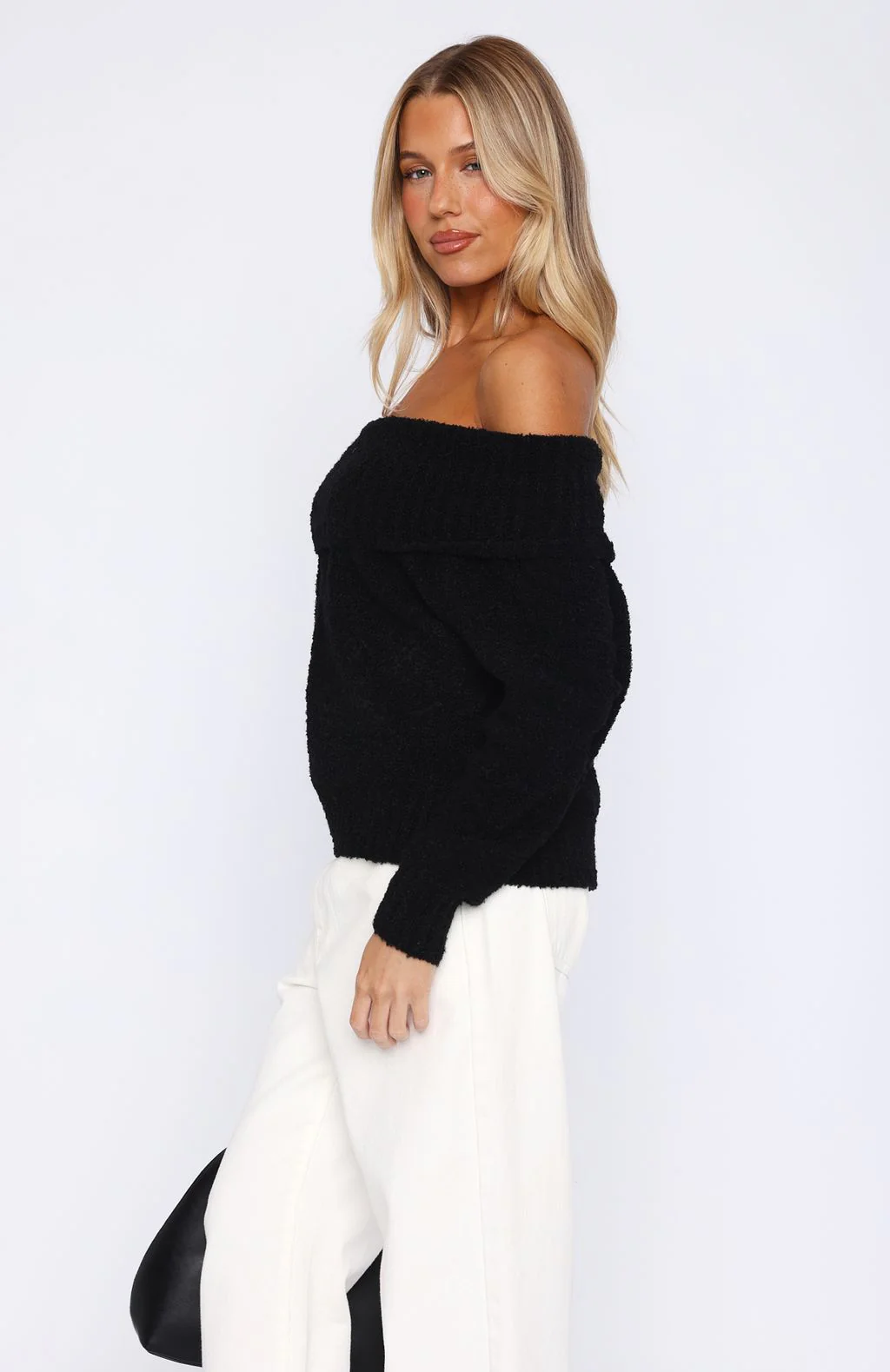 You Don't Need Me Off Shoulder Knit Sweater Black - White Fox Boutique