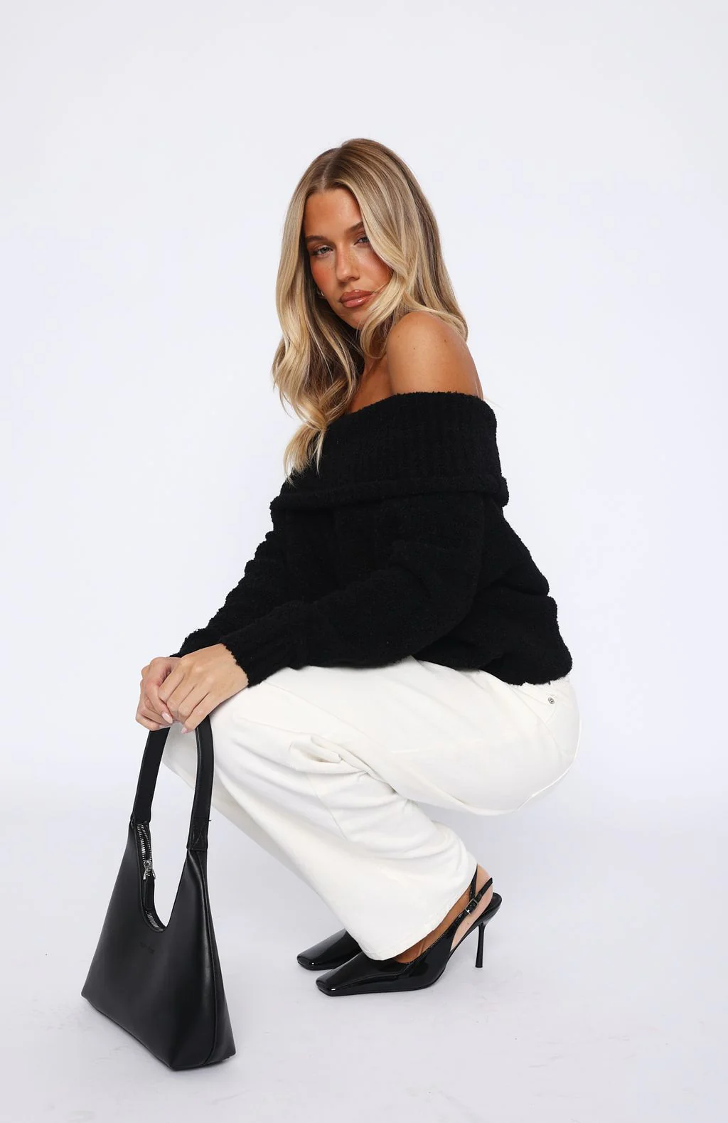 You Don't Need Me Off Shoulder Knit Sweater Black - White Fox Boutique