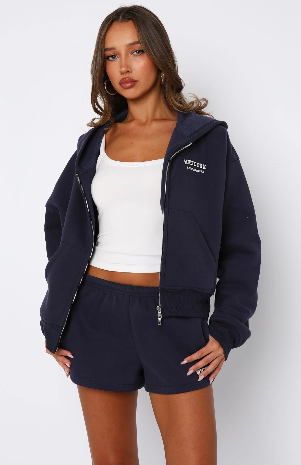 Can't Miss It Boxy Zip Front Hoodie Navy - White Fox Boutique