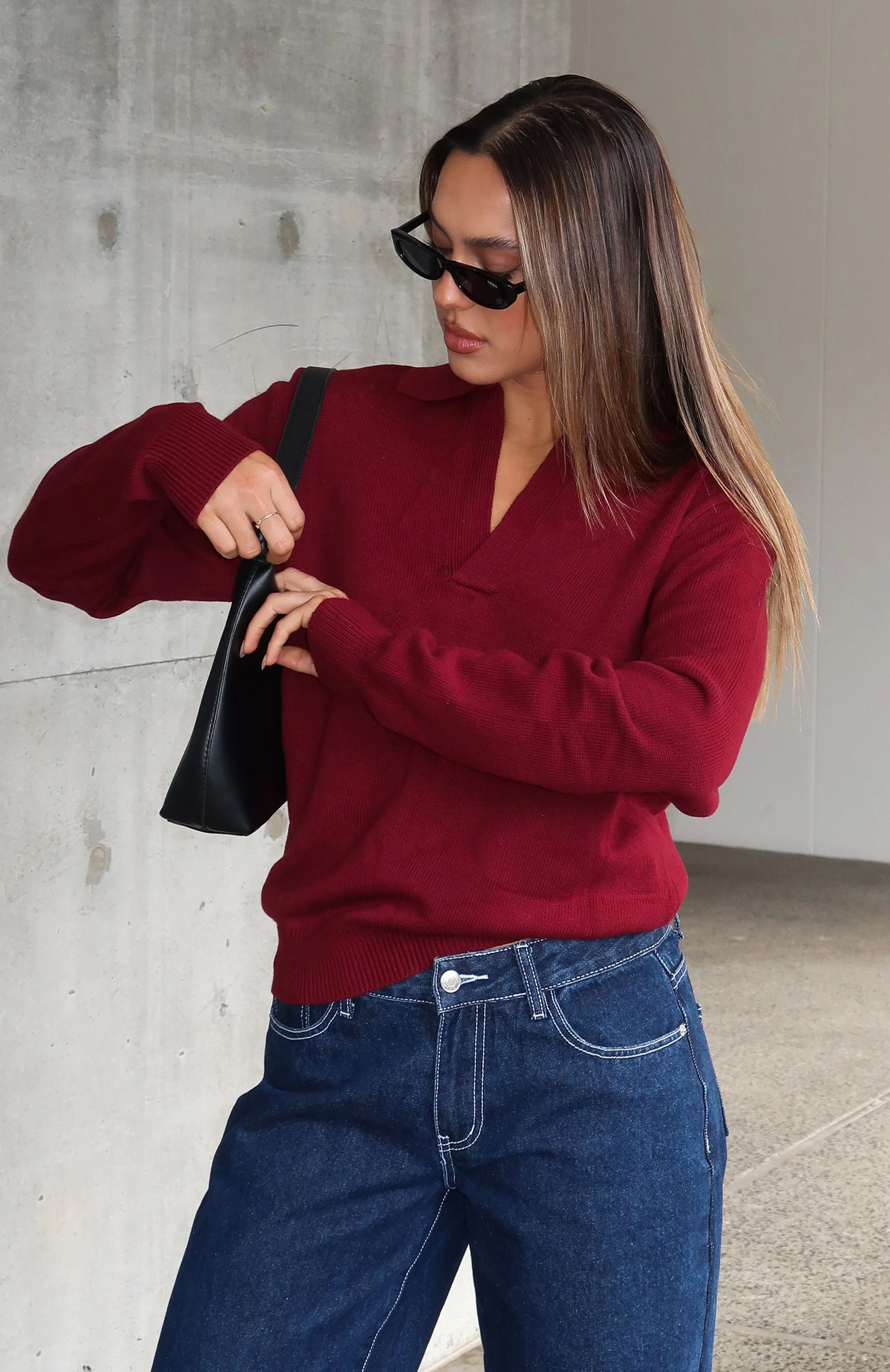 Must Be You Knitted Polo Sweater Burgundy - White Fox Boutique