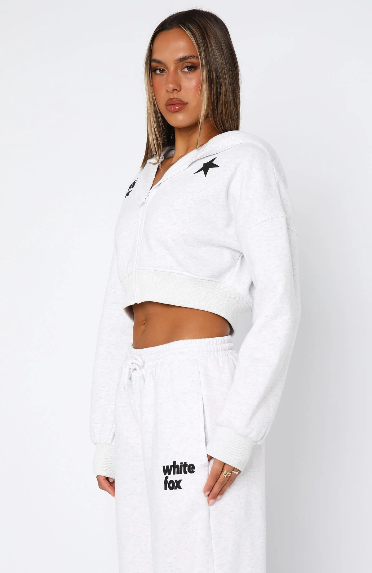 From The Archives Charli Cropped Zip Front Hoodie Grey Marle - White Fox Boutique