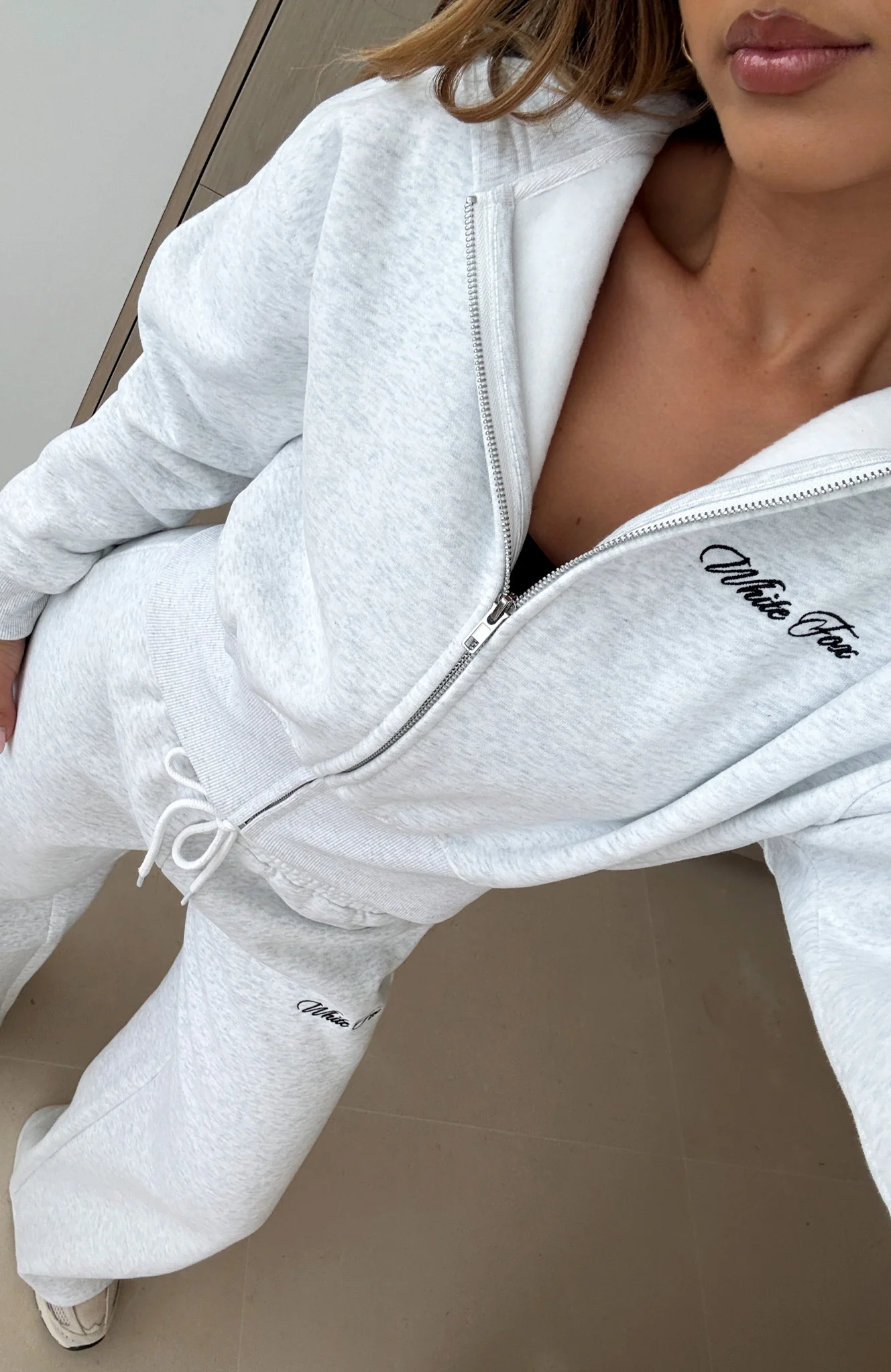 Wishing For It Cropped Cinched Zip Front Hoodie Grey Marle - White Fox Boutique