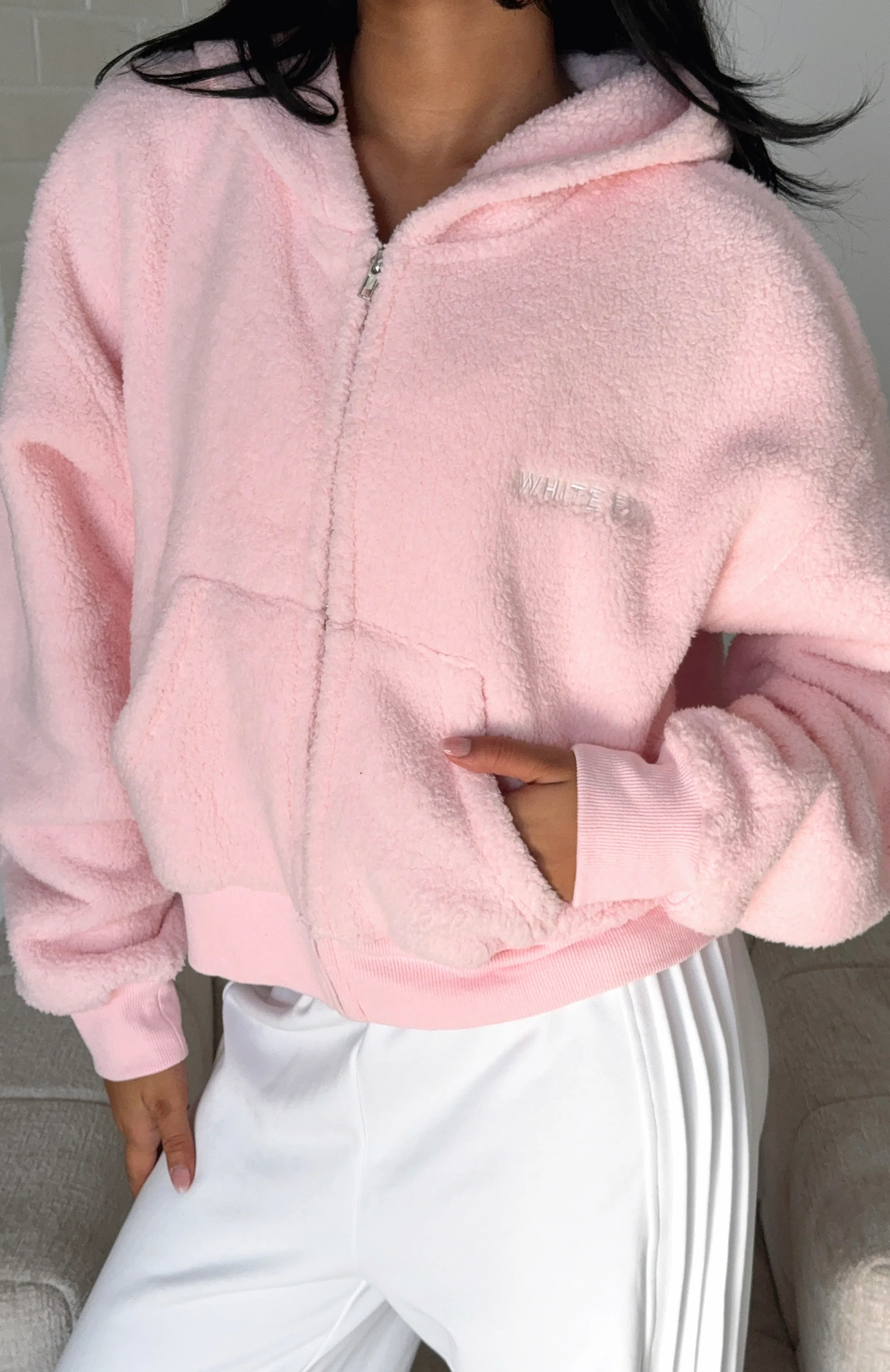 Always First Teddy Borg Boxy Zip Front Hoodie Pink - White Fox Boutique