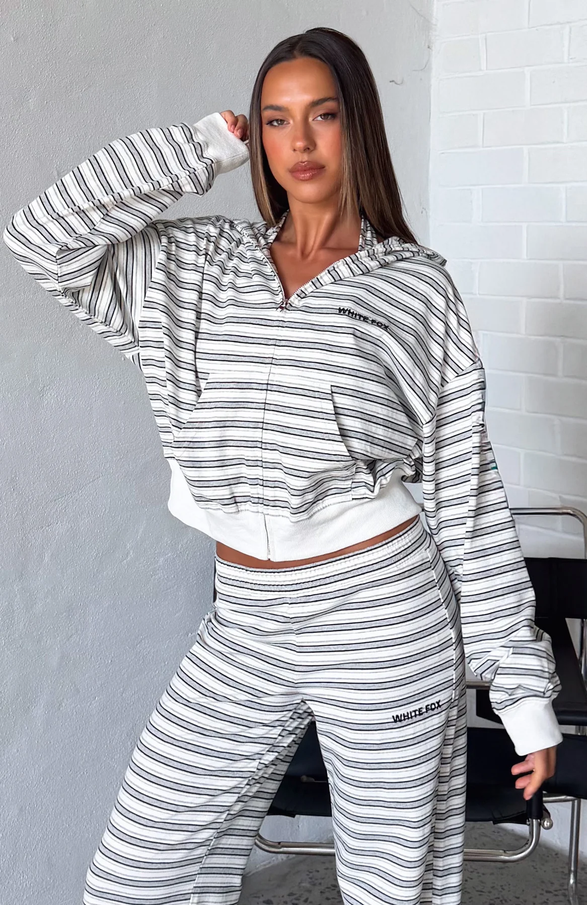 Looking Back Boxy Zip Front Hoodie White Stripe - White Fox Boutique