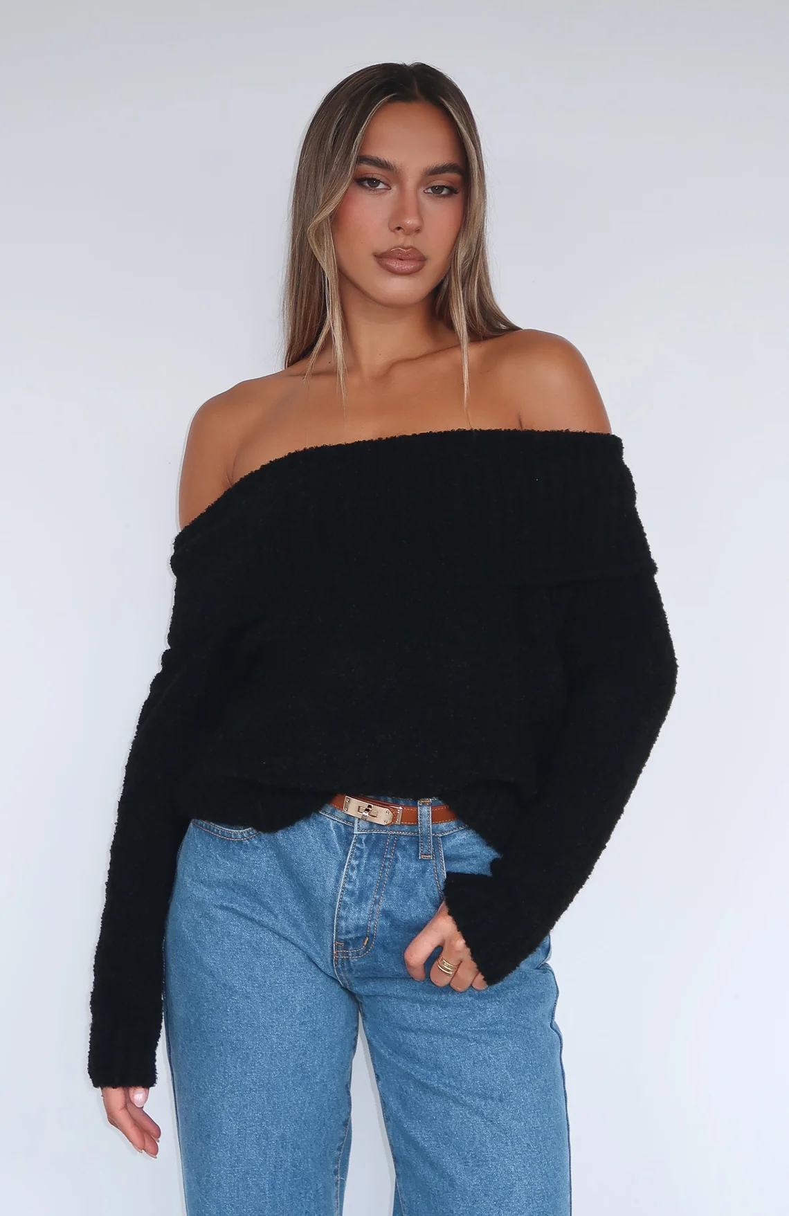 You Don't Need Me Off Shoulder Knit Sweater Black - White Fox Boutique