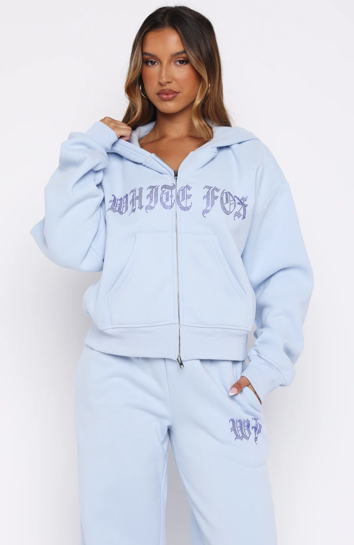 Lucky Ones Boxy Zip Front Hoodie Baby Blue - White Fox Boutique