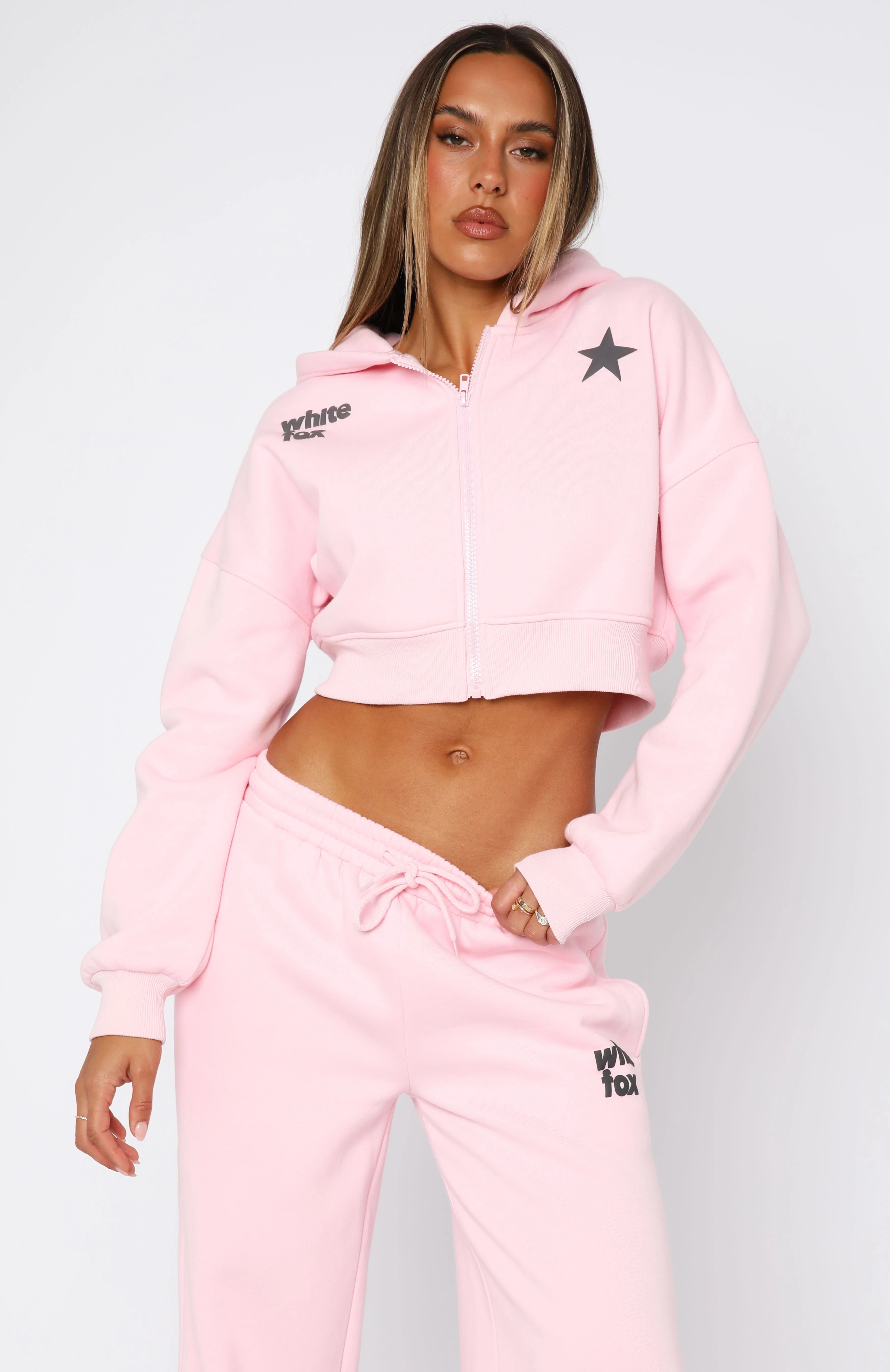 From The Archives Charli Cropped Zip Front Hoodie Pink - White Fox Boutique