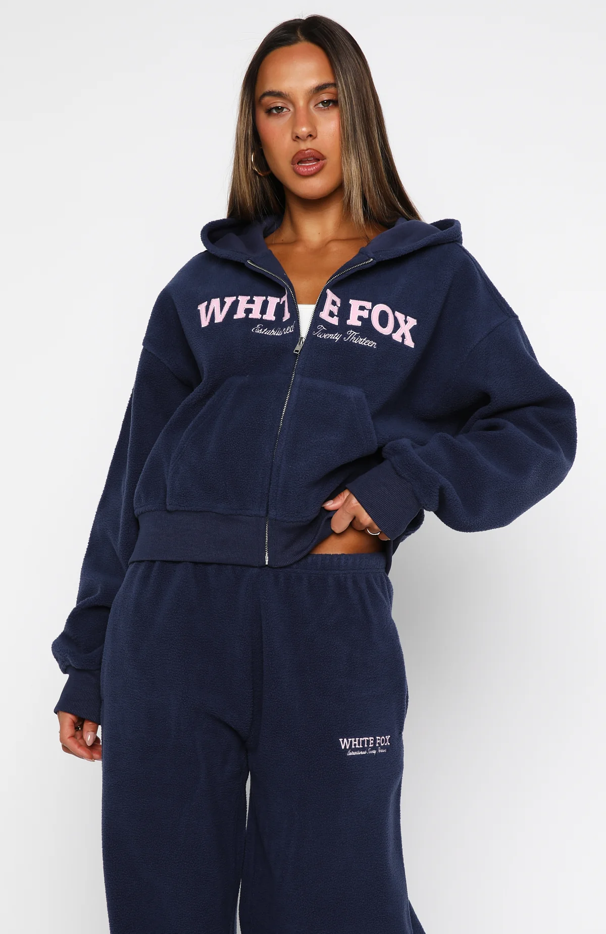 Just For Now Fleece Boxy Zip Front Hoodie Navy - White Fox Boutique