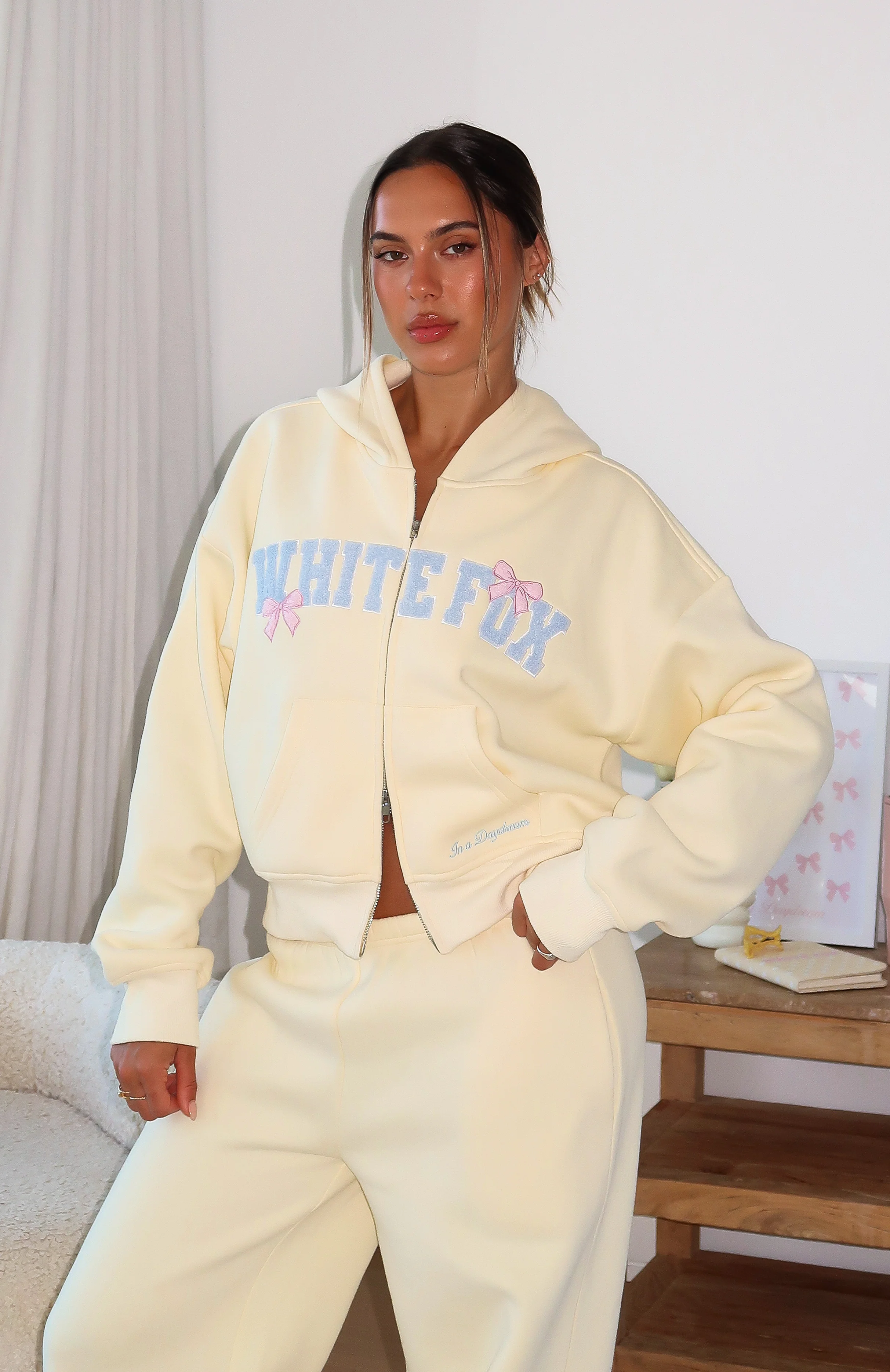 Daydreamers Madeline Boxy Zip Front Hoodie Lemon - White Fox Boutique